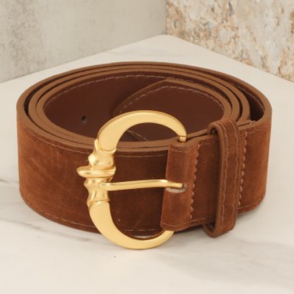 Brass Buckle Suede Belt - Brown